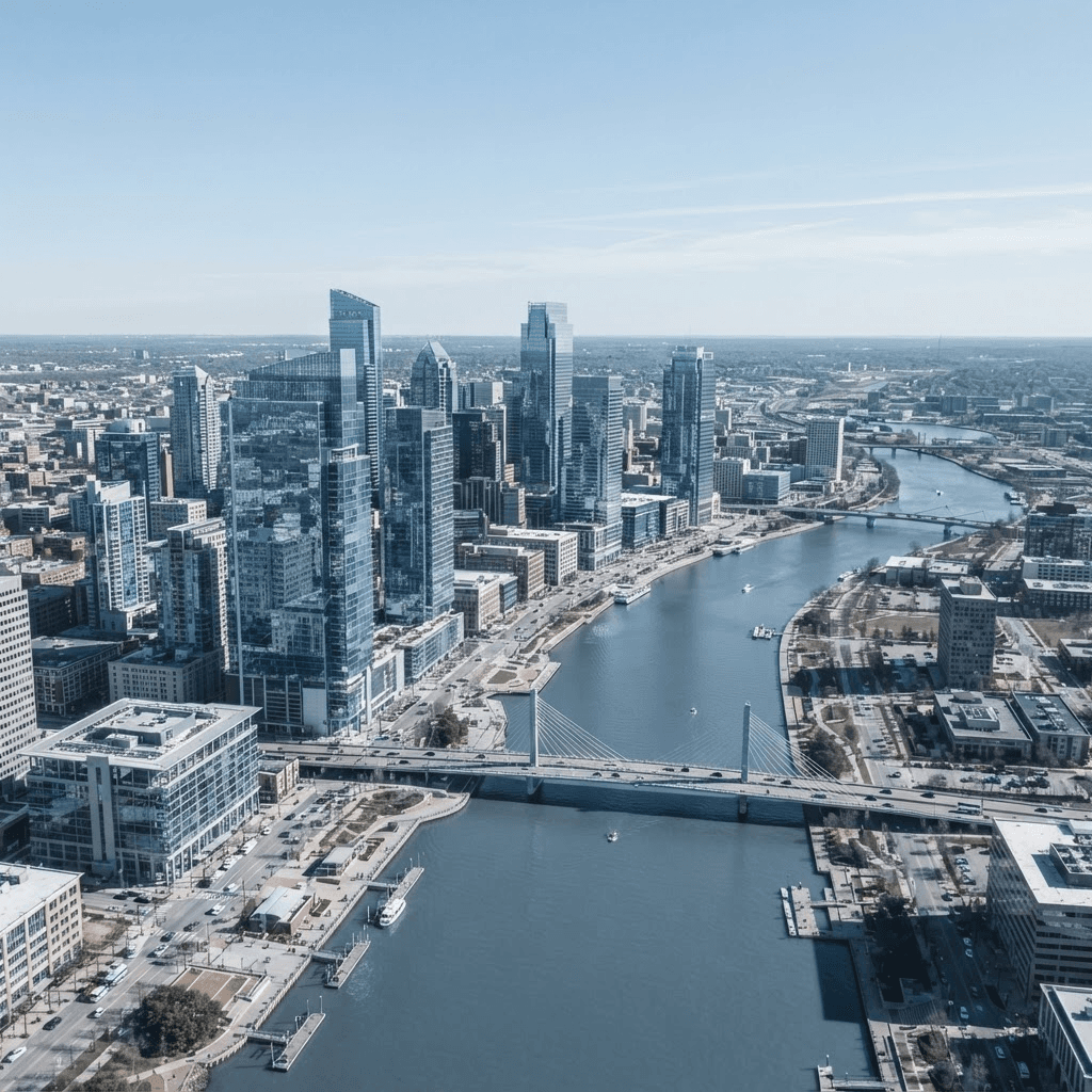 Aerial view of a downtown commercial real estate skyline along a river